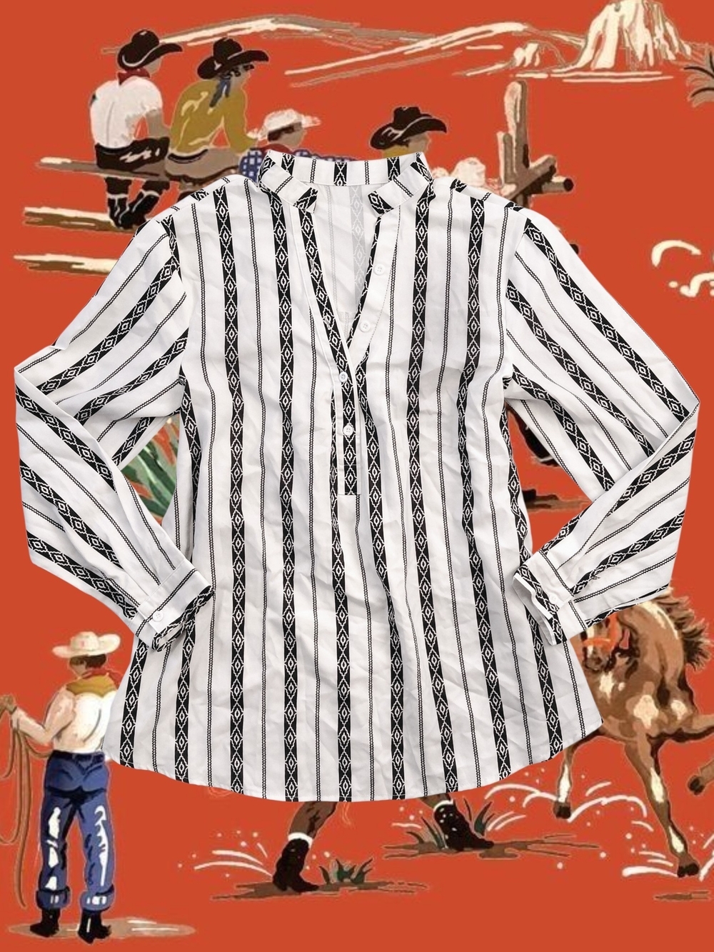 Black & White Vertical Striped Long Sleeve Blouse - Size M Western